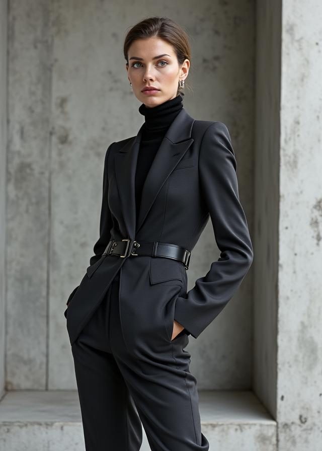 Costume haute couture structuré, gris anthracite, collection 'Architecture du Corps', Fleur Atelier