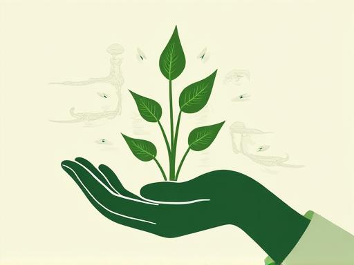 Illustration d'une main tenant une pousse de plante sur fond de schémas de mode, symbolisant le conseil en mode durable.