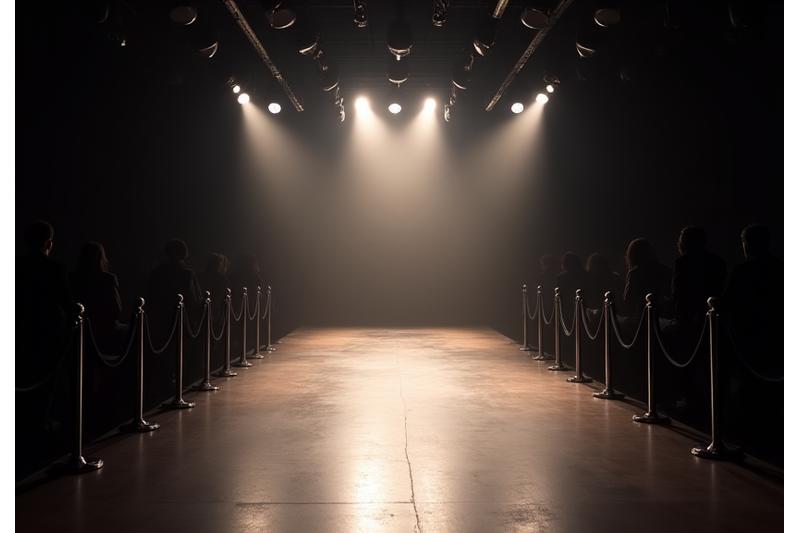 Scène de défilé de mode avec des projecteurs et un podium, prête pour le spectacle.